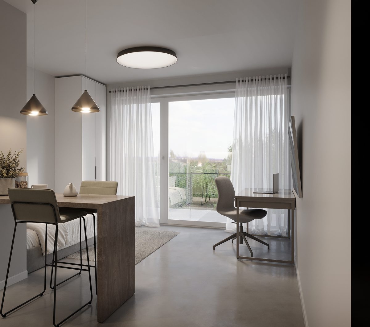 Blick aus einem Apartment über den Küchentresen zur Loggia